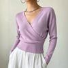 Women's Color Long Sleeve Cross Front Waist Tie Knit Top