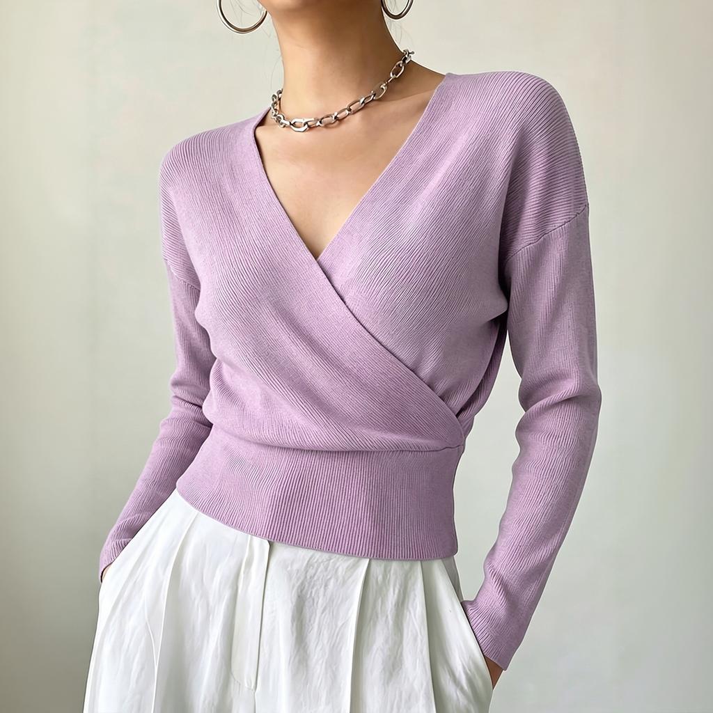 Women's Color Long Sleeve Cross Front Waist Tie Knit Top