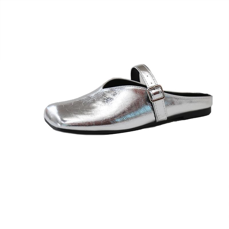 

2025 Весна Лето Женские Мюли Тапочки Обувь Мода Закрытый Носок Слипоны Слайды Повседневный Уличный Стиль Балетки 42 серебряный