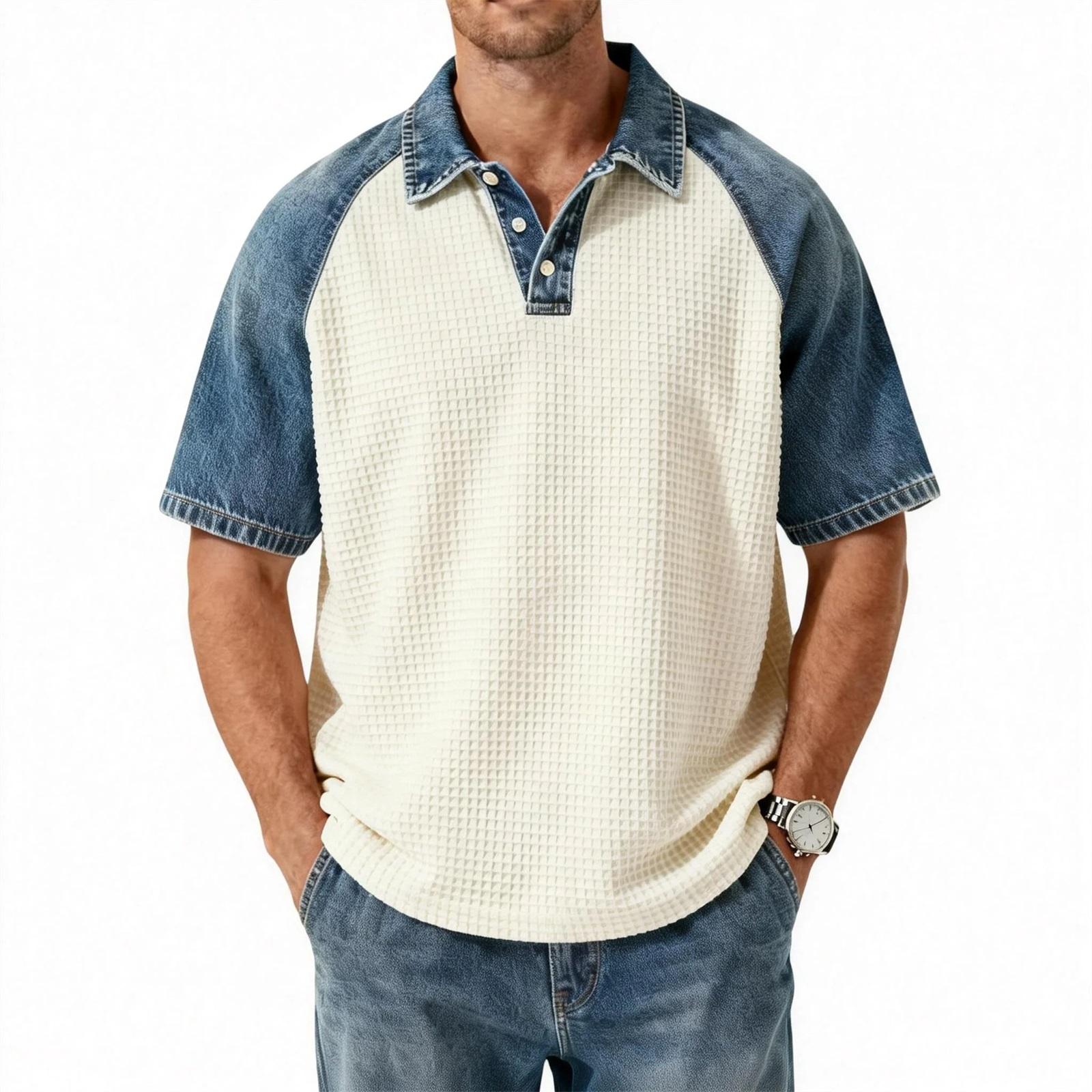 

Men s Denim Patchwork Shirt, Casual Short-sleeved Comfortable T-shirt, Fashionable For Spring And Summer. XL синій