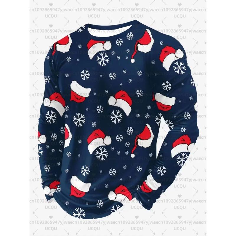 3D Christmas Graphic Printed Top Casual Long Sleeved Men's T-shirts - Soft Medium Stretch Polyester Fabric Spring and Autumn Relaxed Fit Clothing