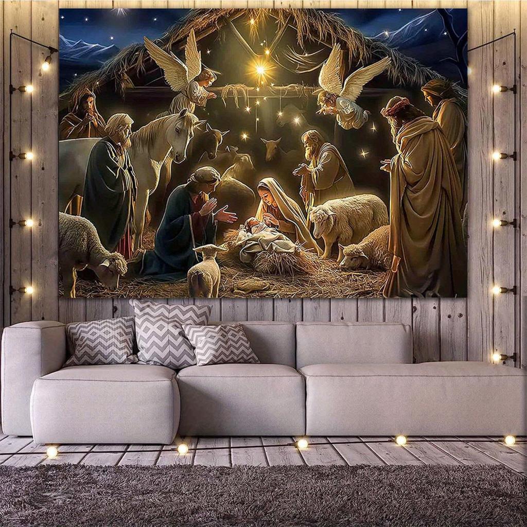 A Christmas manger scene background cloth, a religious prop for the birth of Jesus, and a church event decoration