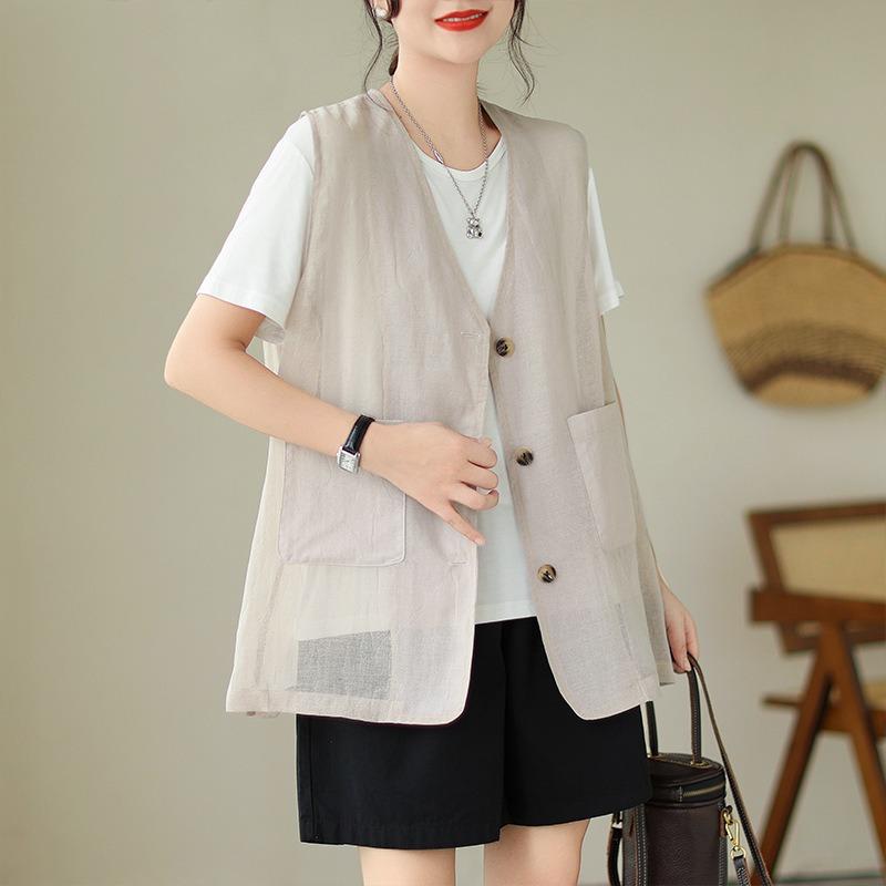 Women Plus Size Linen Blend Sleeveless Vest Open Front V Neck Top