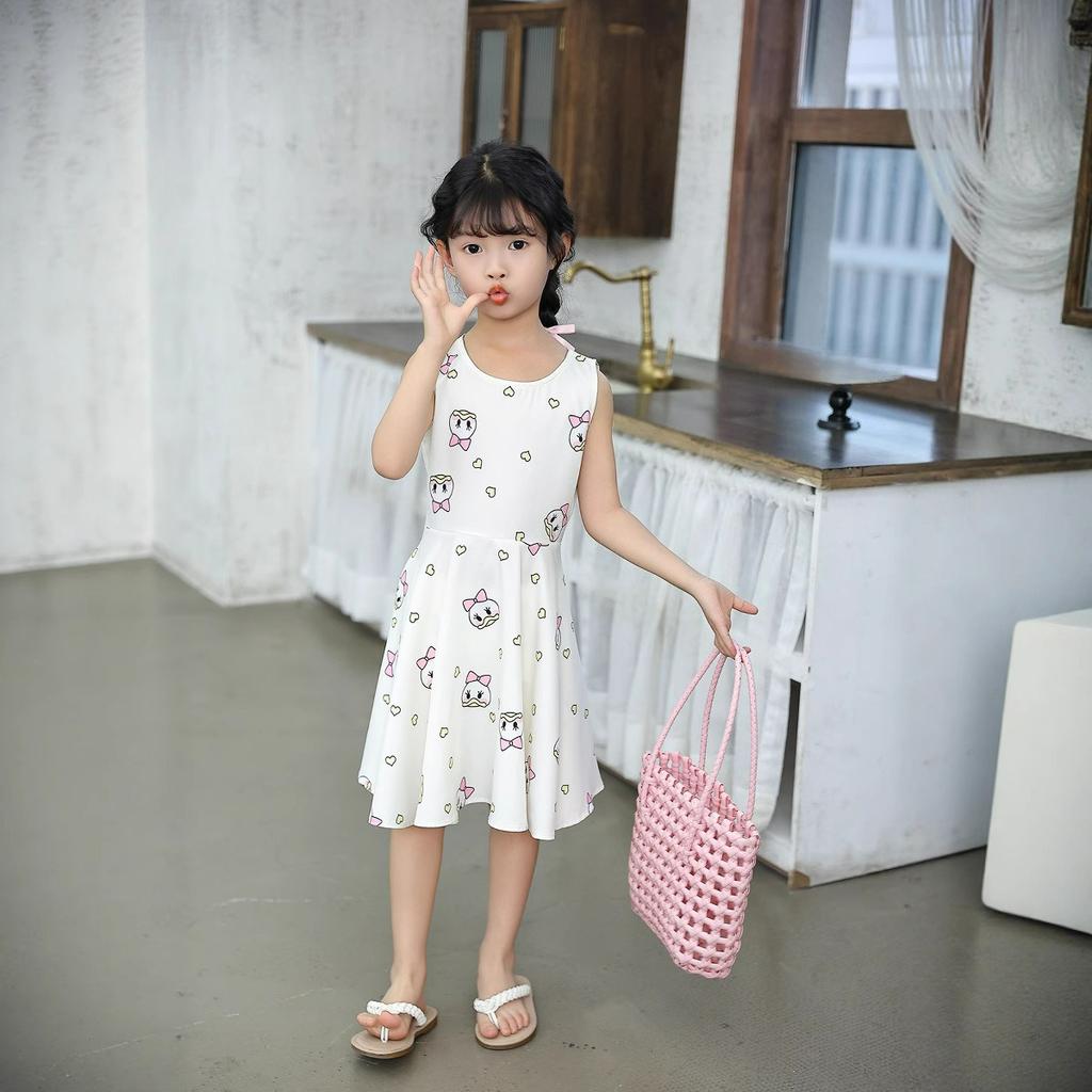 Girls Sleeveless Dress Baby Summer Cool Breathable Vest Children's Princess Dress Solid Color Elastic Skirt