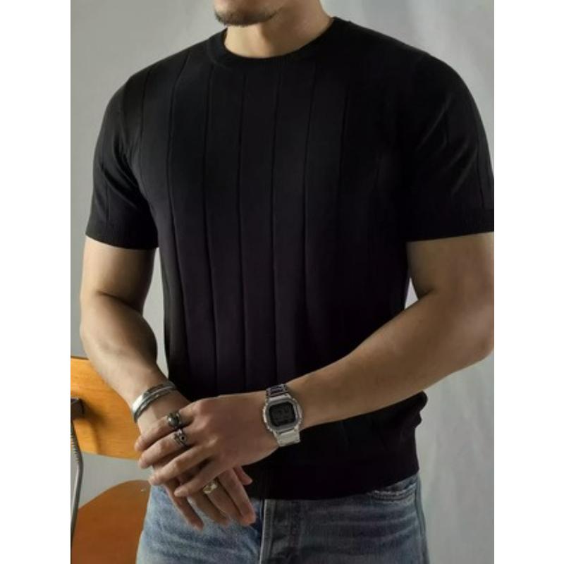 Black Ribbed Short Sleeve Knit Sweater Slim Fit Soft Breathable Summer Casual Daily Top