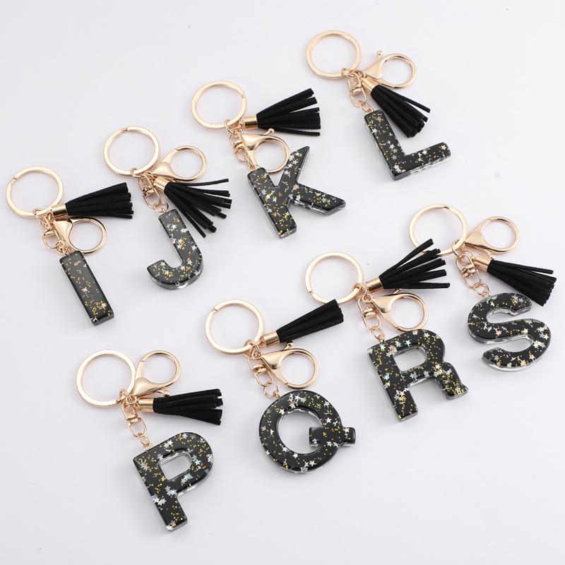 Black Resin Keychain with English Letter Pendant and Tassel