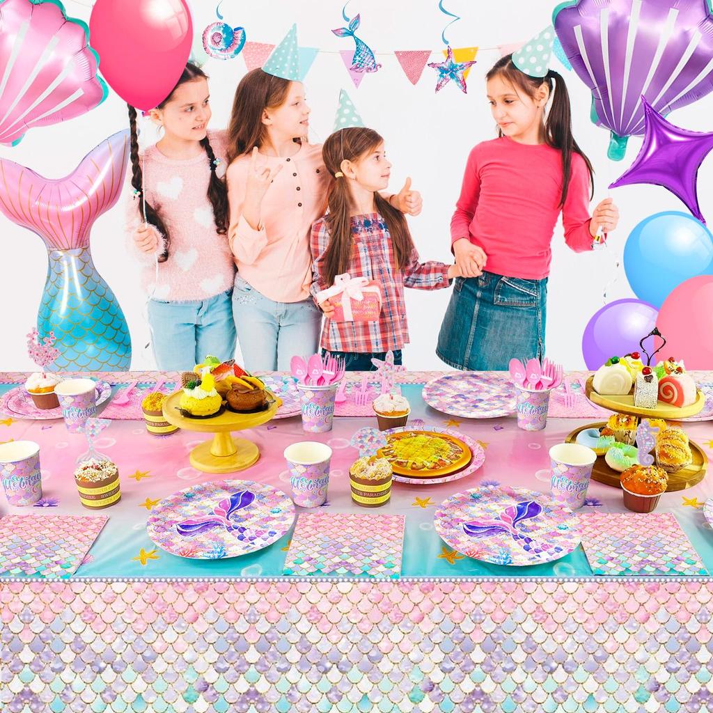 Mermaid Birthday Party Supplies Kit-132Pcs Mermaid Birthday Plates Tablecloth Balloons Etc Mermaid Birthday Decorations for Girls