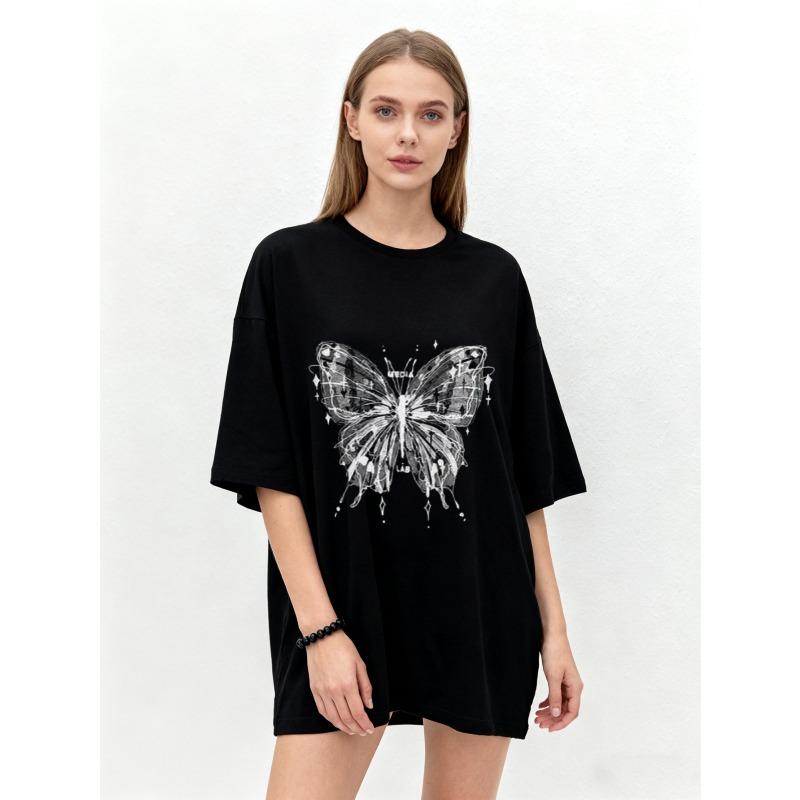 Oversized T Shirt Black Butterfly Print With Text Graphic Design Casual Wear For Women Summer Fashion Streetwear Style
