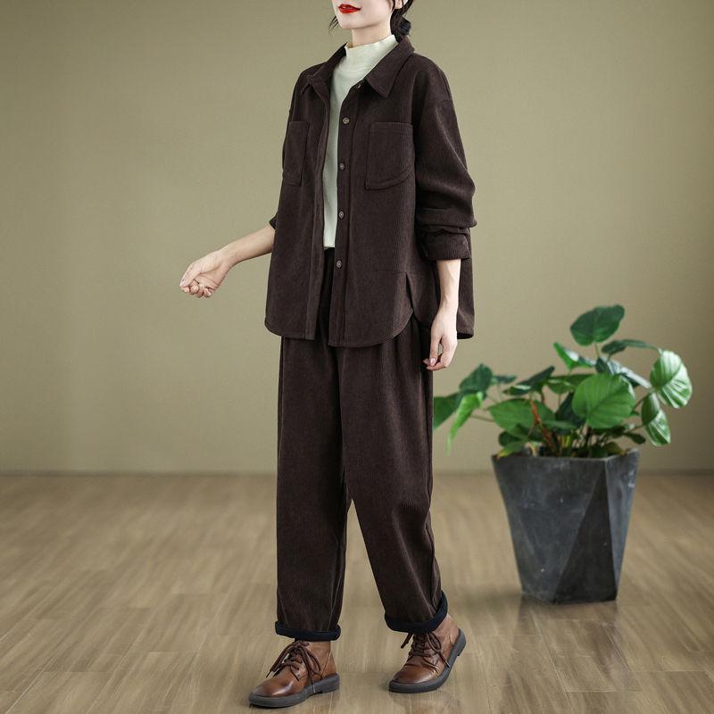 Middle-aged Mother Autumn and Winter Plus Velvet Jacket Western Style Sportswear Suit Corduroy Two-piece Suit