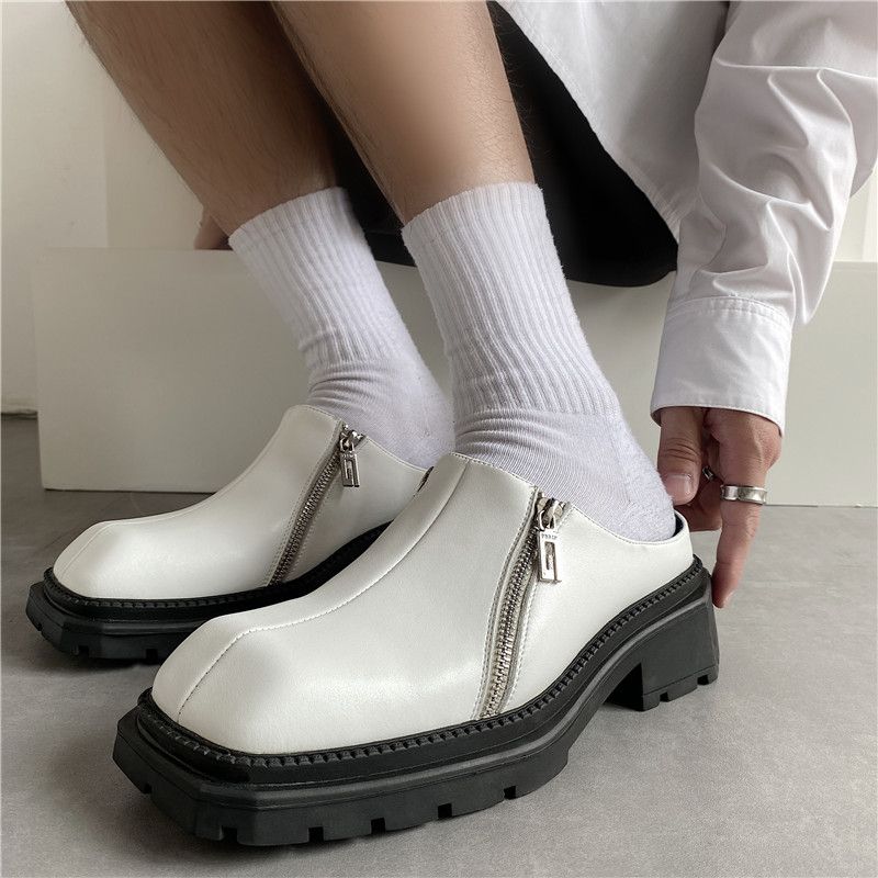 2025 Summer New Shoes Mens Leather Mules Female Casual Muller Shoes Square Toe Slides Travel Handmade Ladies Footwear
