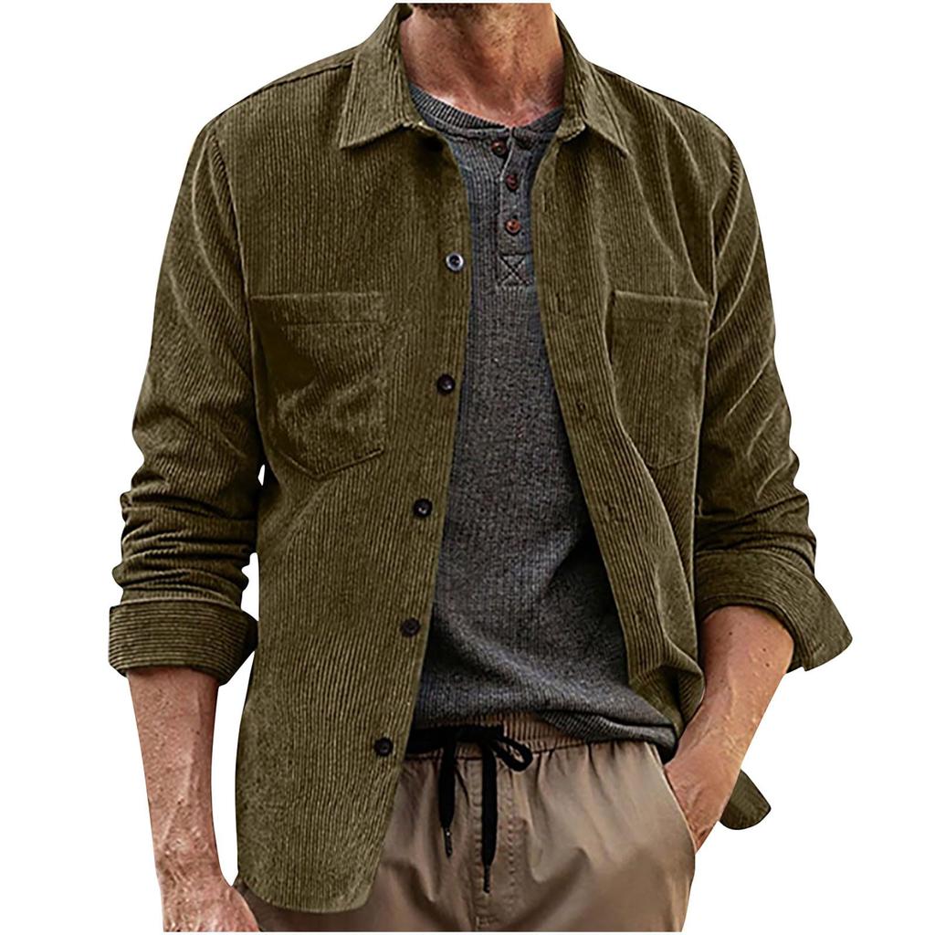 Men's Casual -color Corduroy Button Shirt, Men's Lapel Long-sleeved Trendy Loose Shirt