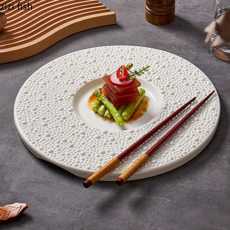 White Pearl Dot Ceramic Round Flat Plate Dessert Plate Sushi Plate Steak Plates Restaurant Molecular Cooking Creative Tableware