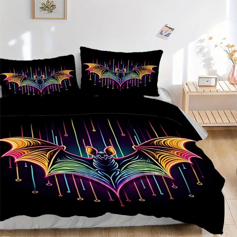 

3pcs Neon Bat Print Duvet Cover Set, Cover For Bedroom Guest Room (1 Duvet Cover + 2 Pillowcase, Without Quilt), yy250922111 135x200cm