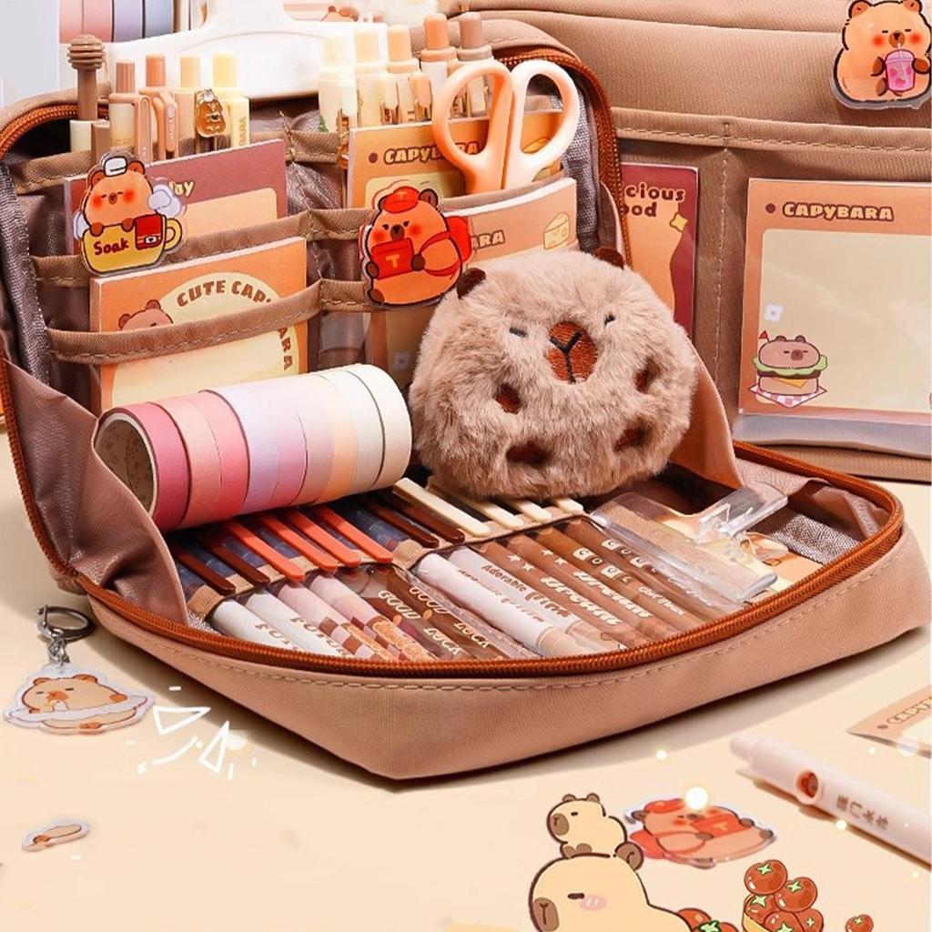 Capybara Stationery Set Portable Stationary Bag Cute Pencil Case with Pens Clips Rulers and More Wide Opening Pencil Organizer