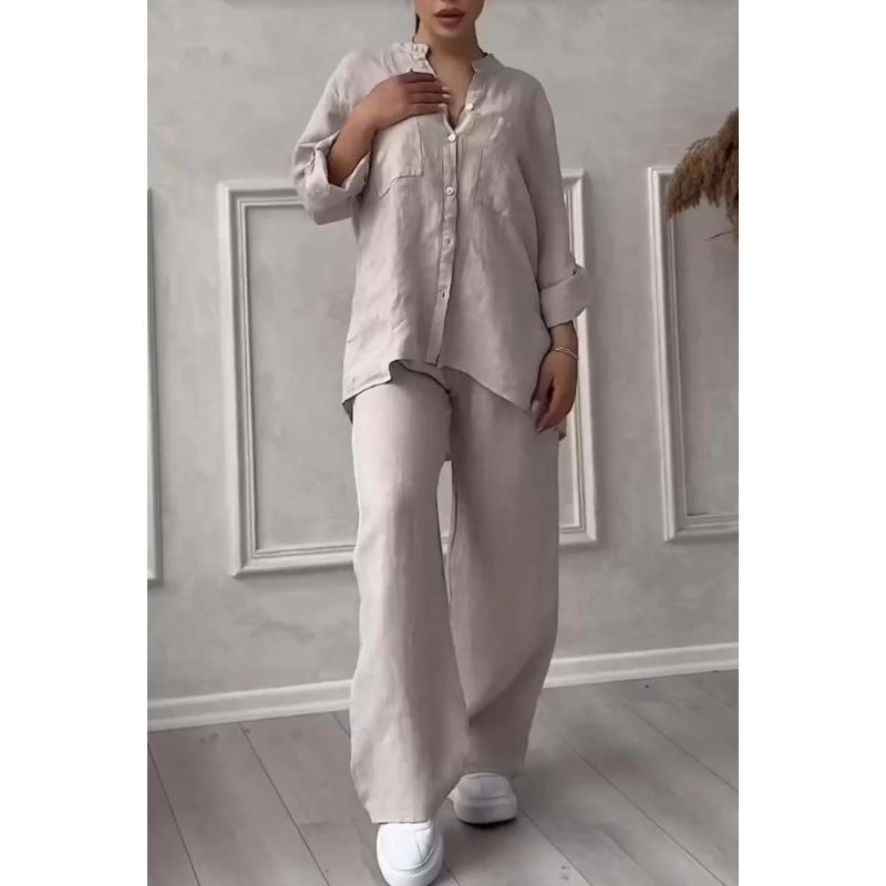2024 Women's Solid Color Long-Sleeve Shirt & Wide-Leg Pants Set
