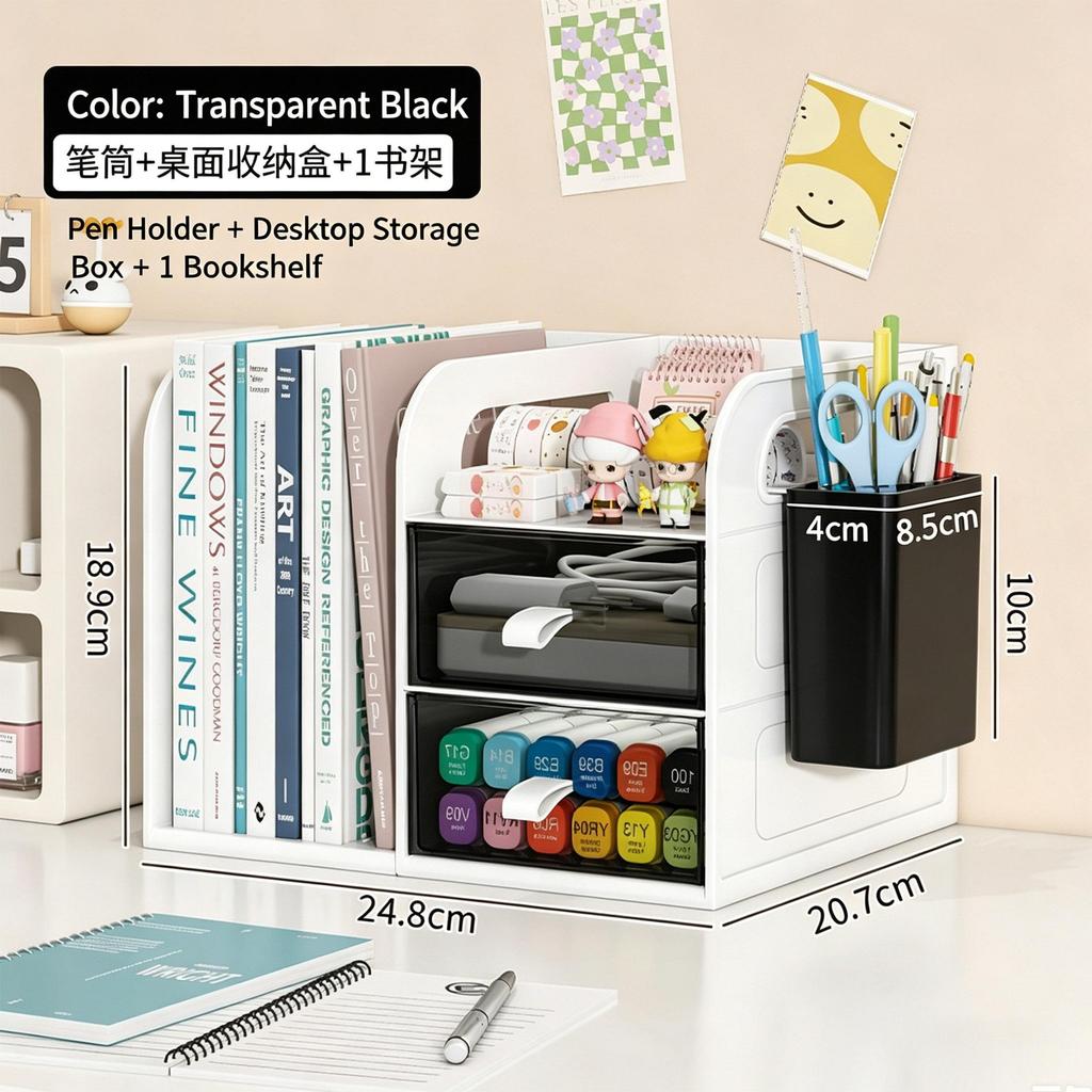 Desktop Bookshelf Organizer with Drawers and Pen Holder Desk Storage Caddy for Office Supplies Books Stationery Home Office School Dorm Desk Organizer