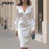 JPNTKY Fashion Summer Spring Solid Color Print Long Sleeve V-Neck Casual Dresses