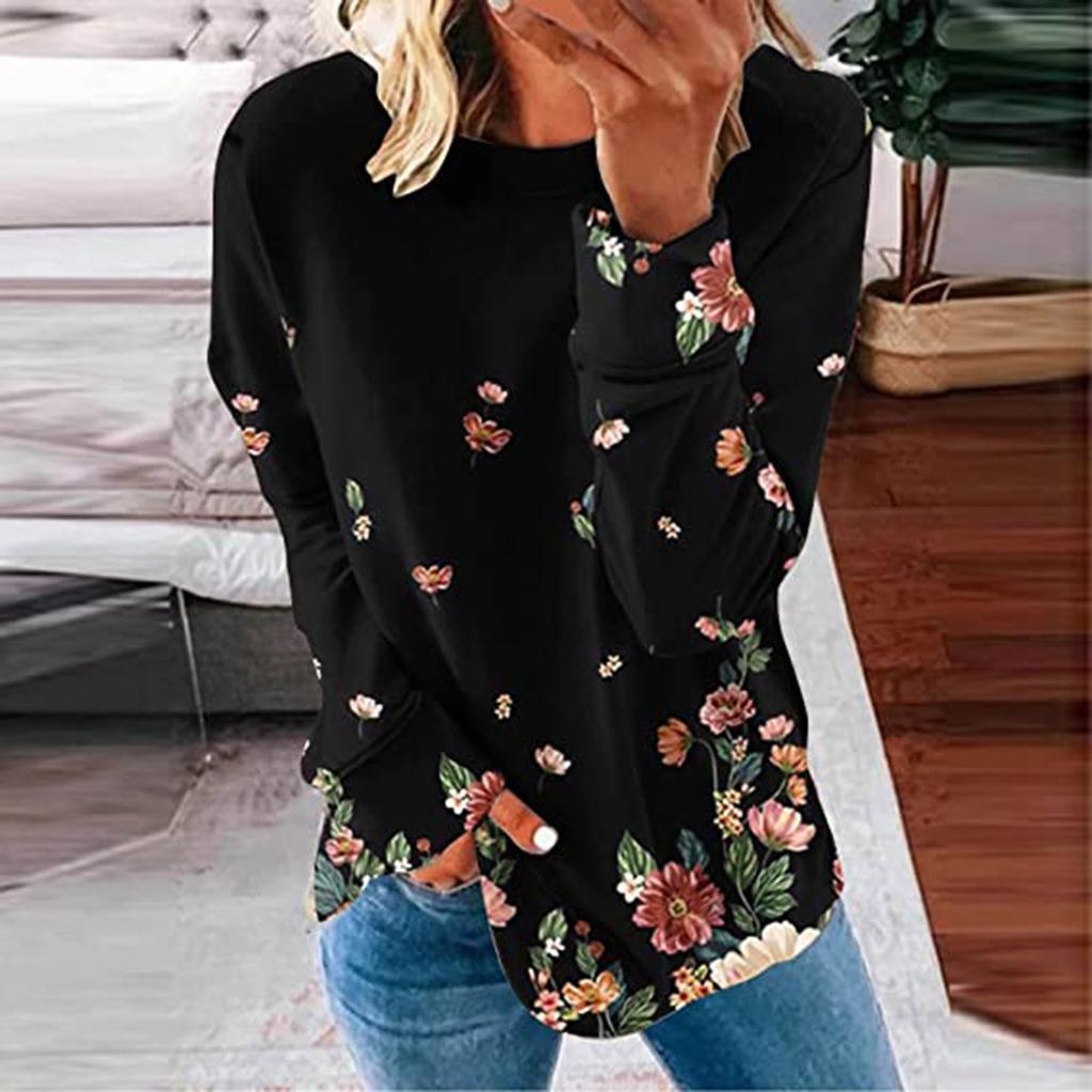 Damen Casual Fashion Print Langarm Rundhals Pullover T-Shirt Top