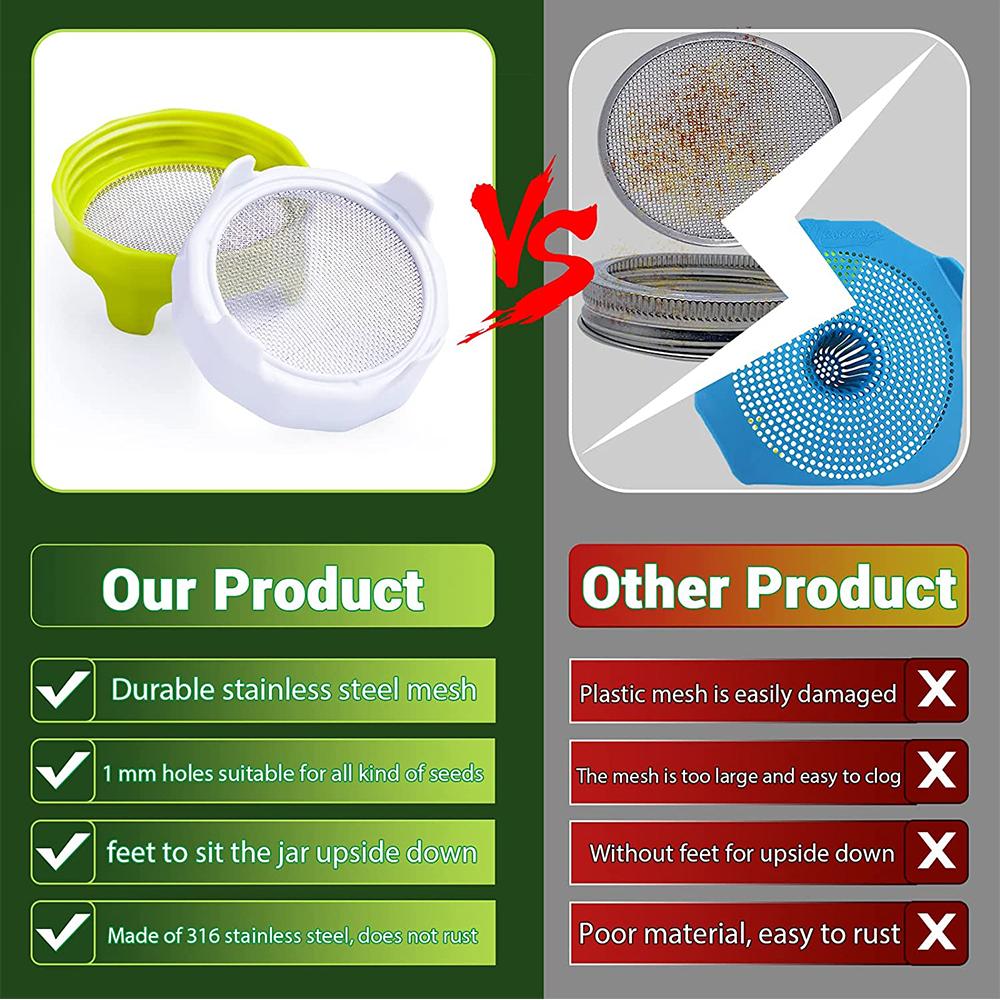 Sprouting Jars Lids Kit with Stainless Steel Screen for Wide Mouth Mason Jars
