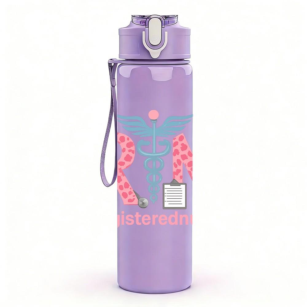 1PC RN Medical Symbol Pink Floral 750ml Color Plastic Sports Water Bottle Leakproof Flip Straw Lid Suitable for Sports Office Home Use