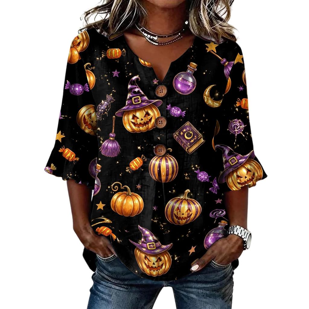 Women's Casual V-Neck Ruffle Trim Patchwork Sleeve Loose Fit Halloween Print Top