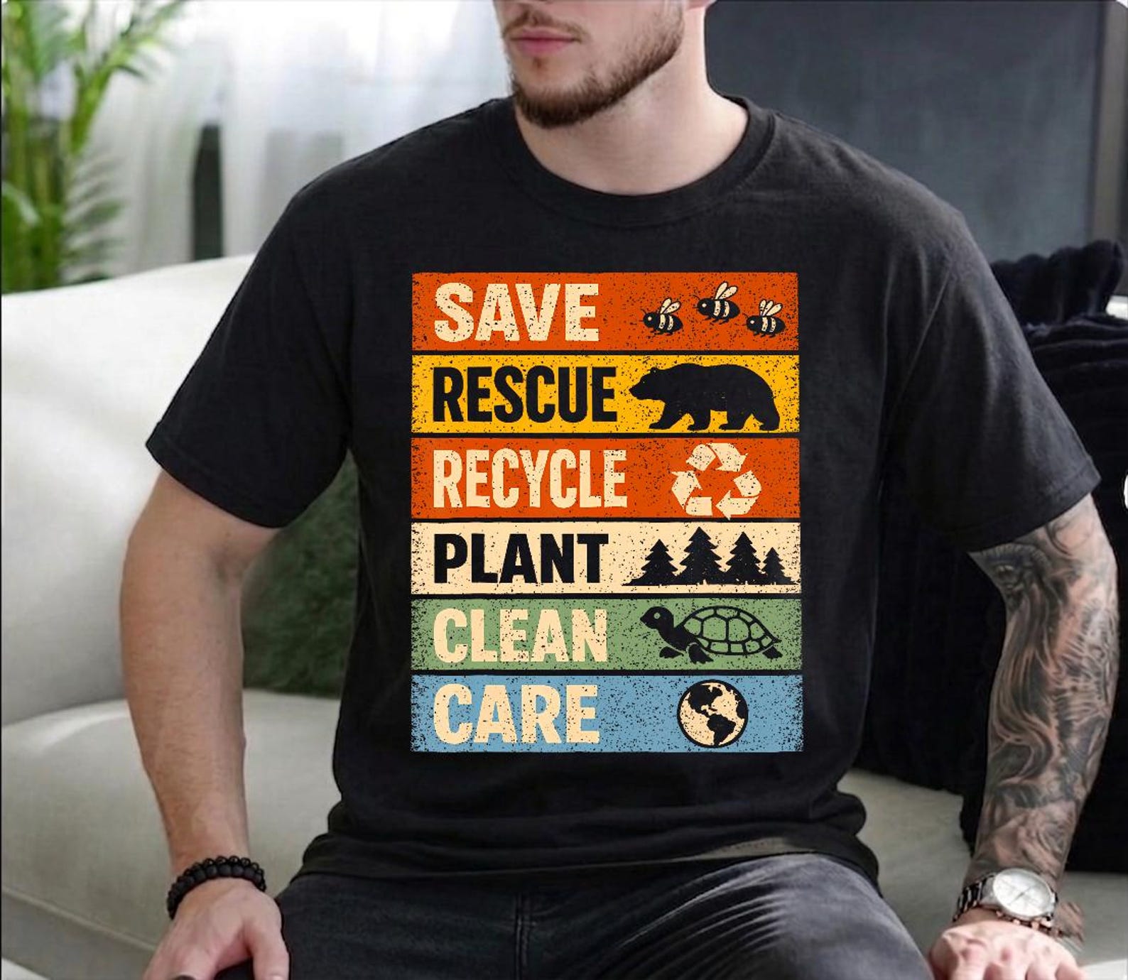 Save Rescue Recycle Plant Clean Care Earth Day Shirt, Eco Friendly Earth Day T-Shirt, Environmental Awareness, Save The Planet Men Women M