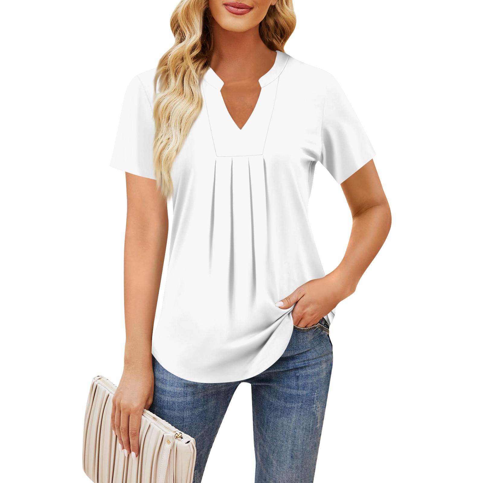 Женская повседневная свободная футболка с коротким рукавом и v-образным вырезом на груди — фото 5