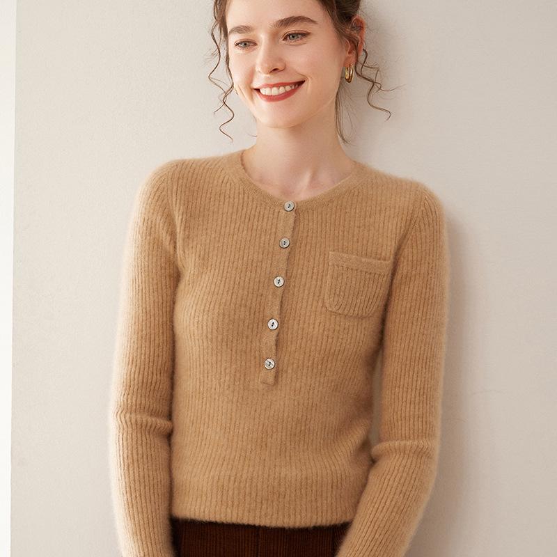 Women's Cashmere Ribbed Pullover Sweater – Round Neck with Buttons and Pockets, Autumn/Winter Collection