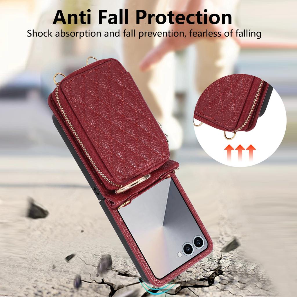 Crossbody Zipper Wallet Card Solt Holder Phone Case for Samsung Galaxy Z Flip 7 6 5 4 3 Flip 7 FE Leather Purse Bracket Cover