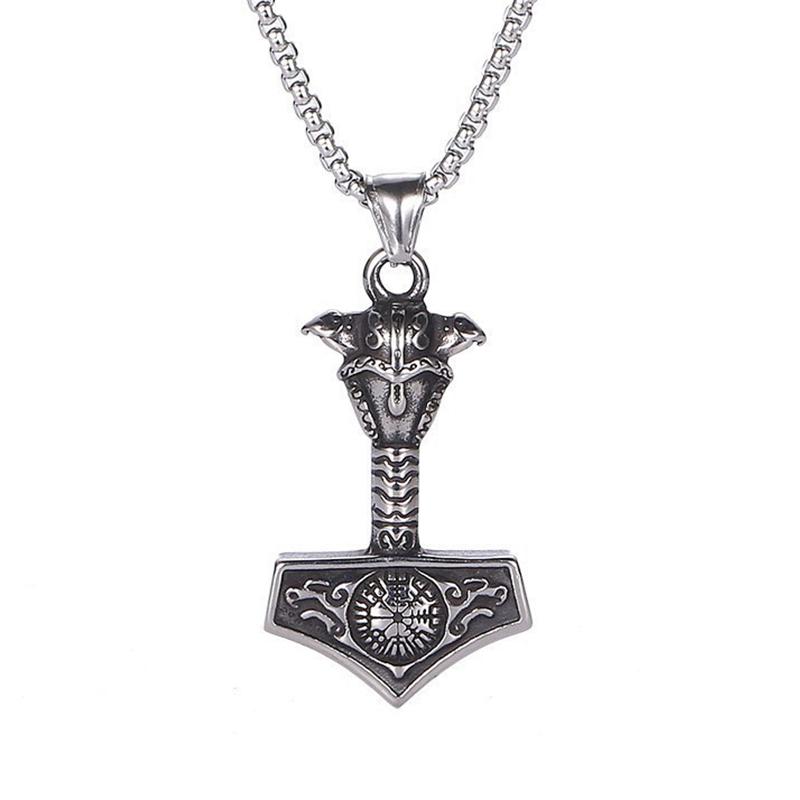 Vikings Thor Hammer Pendant Stainless Steel Mjolnir Necklace Nordic Rune Vegvisir Jewelry Popular Norse Scandinavian