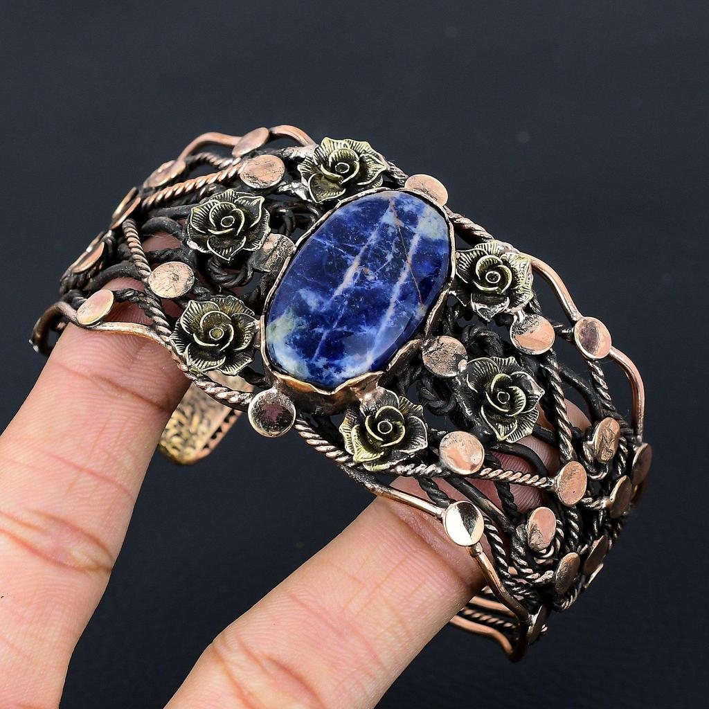 Sodalit Ädelsten Ren Koppartråd Lindad Handgjord Manschett/Armring Justerbart Smycke