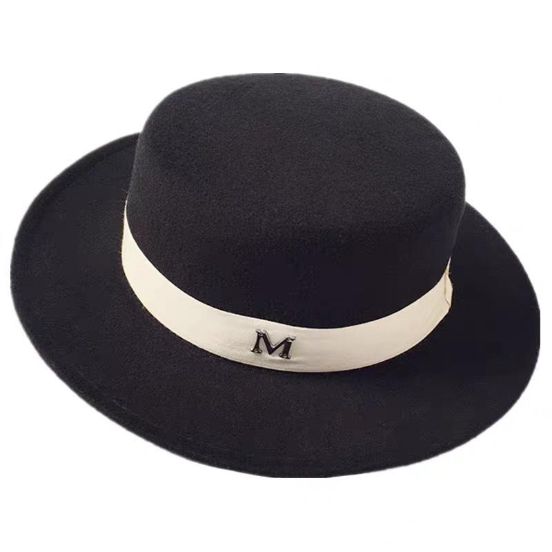 Retro British Style White Ribbon Flat Top Top Top Hat Couple Men and Women Gentleman's Hat Spring and Autumn Large Flat Brim Woolen Thermal Hat
