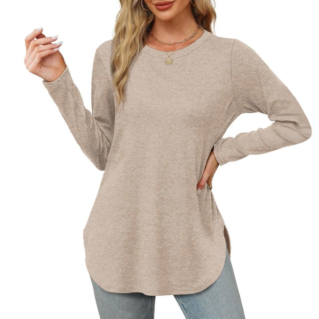 Womens Long Sleeve Round Neck Shirts Side Split Basic Loose Tunic Tops Casual Shirts