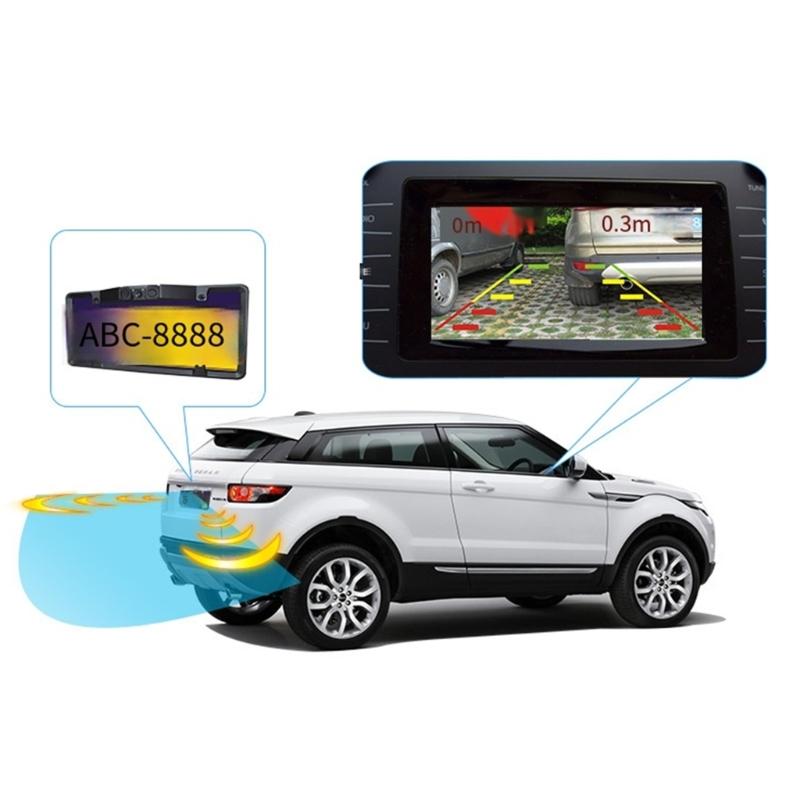 License Plate Frame Monitor Parking Sensor Radars Rearview Backup Camera 3 in 1