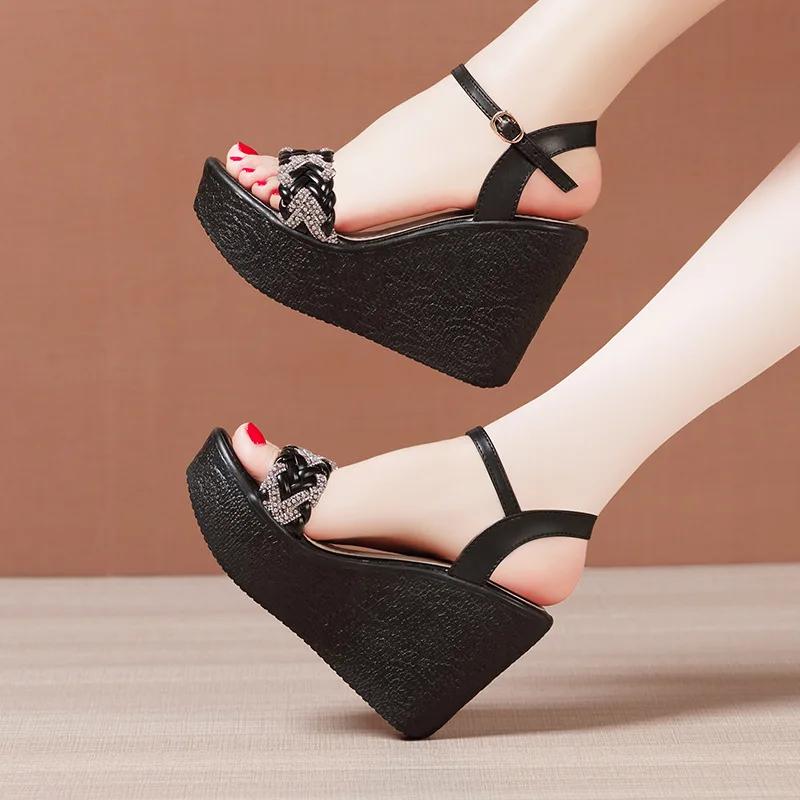 Mărimi Mici 32-43 Pantofi Eleganti cu Platforma cu Strasuri, Sandale cu Toc Inalt pentru Femei, Vara 2025, Piele, Office, Model Mama, Plaja