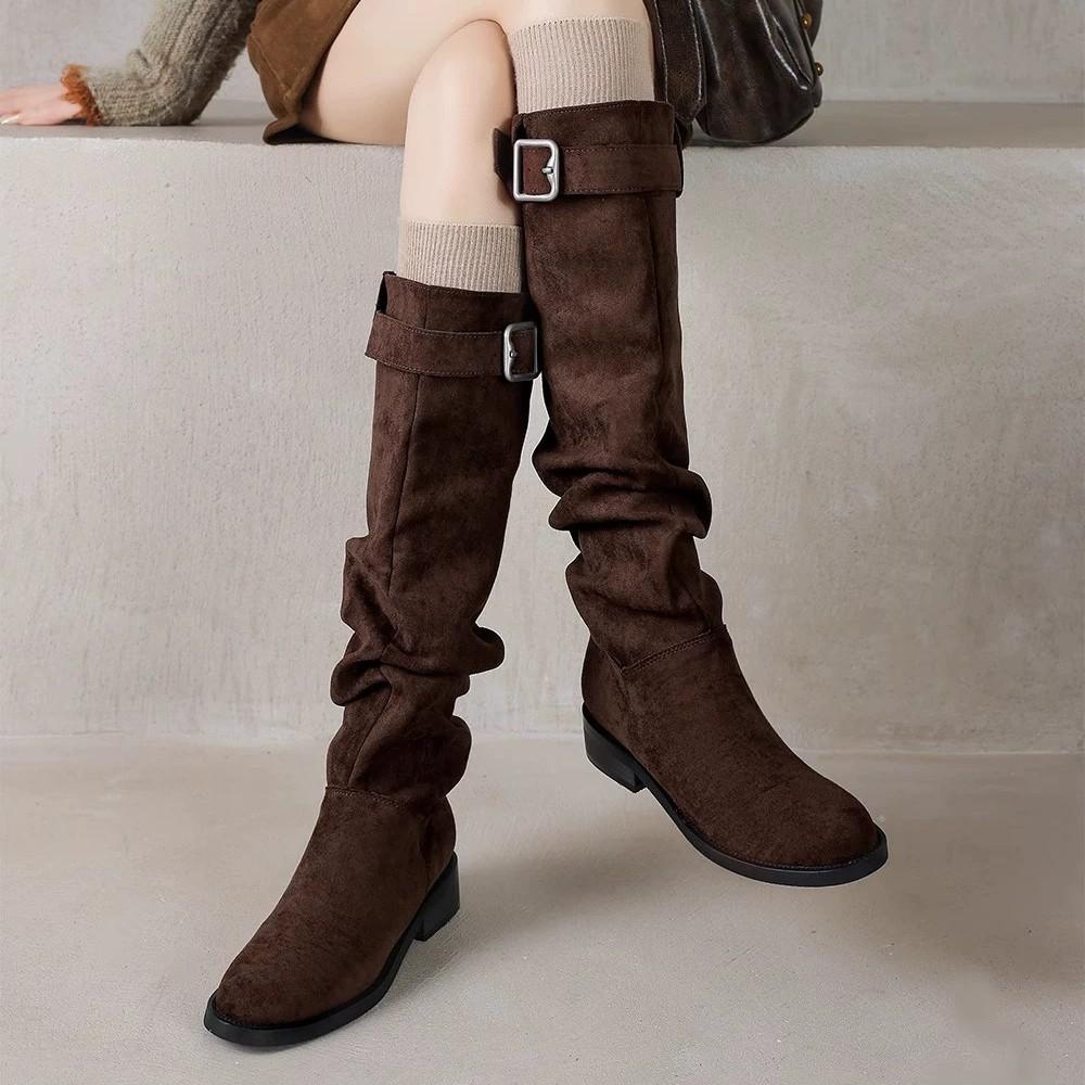 Cowhide version small suede stacking boots long tube new autumn and winter knight boots women's shoes