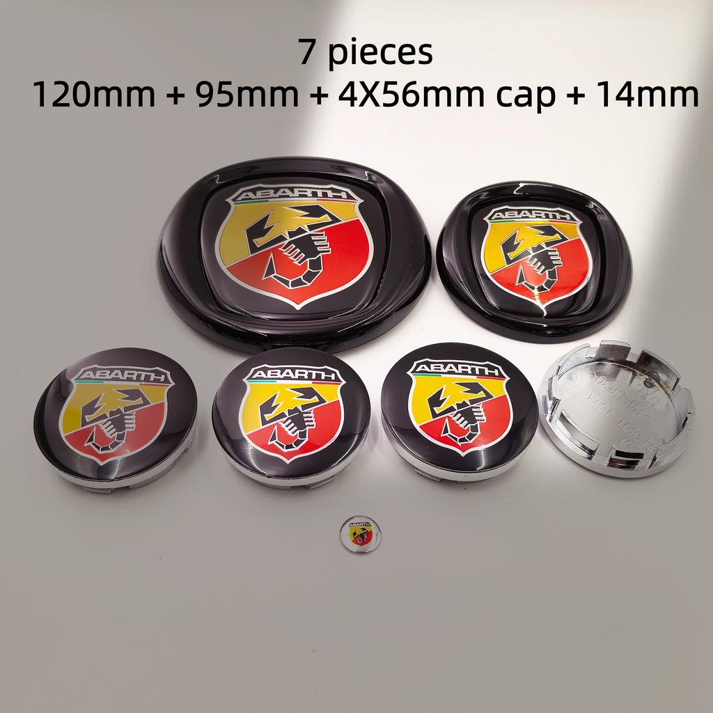 8pcs fiat Abarth Car Front grill front Rear Bumper tail door trunk Emblem 85/95/100/120mm Wheel Center Hub Cap Badge Rim Cover