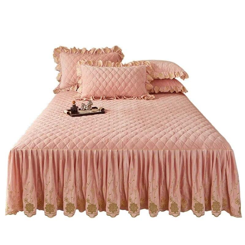 

Стеганое покрывало с цветочной вышивкой, плотная бархатная юбка-кровать, роскошная мягкая юбка с 2 подушками, дропшиппинг Queen King 150x200cm 59x79inch