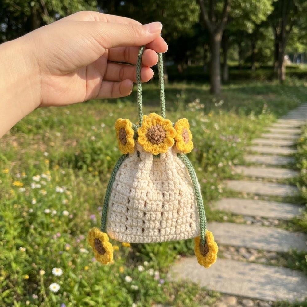 Tie Closure Sunflower Design Organizer Pouch Adjustable Rope Fabric Pouch Daily Outings
