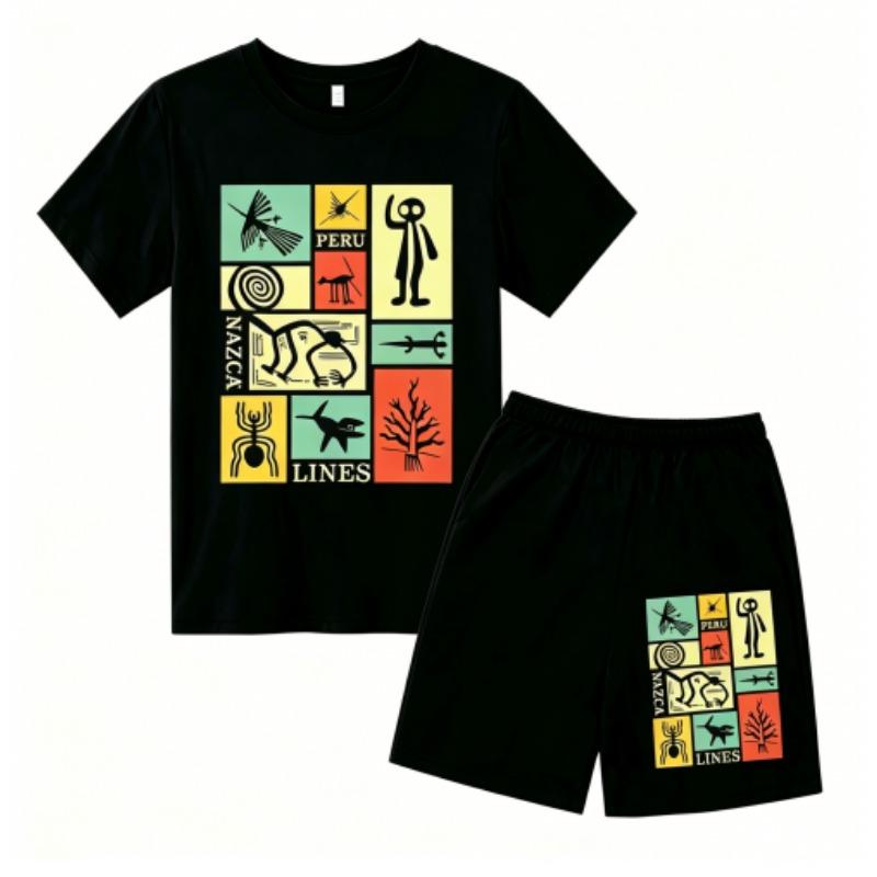 Fashion Retro Mysterious Runes Print Outdoor Street Kids T-shirt and Shorts Summer Home Casual Outfit Boy and Girl's Sports Set