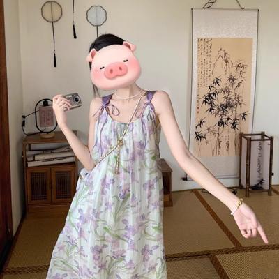 Sweet Purple Floral Suspender Dress Women's Gentle Vacation Style Summer Temperament Loose Casual Drape Long Skirt