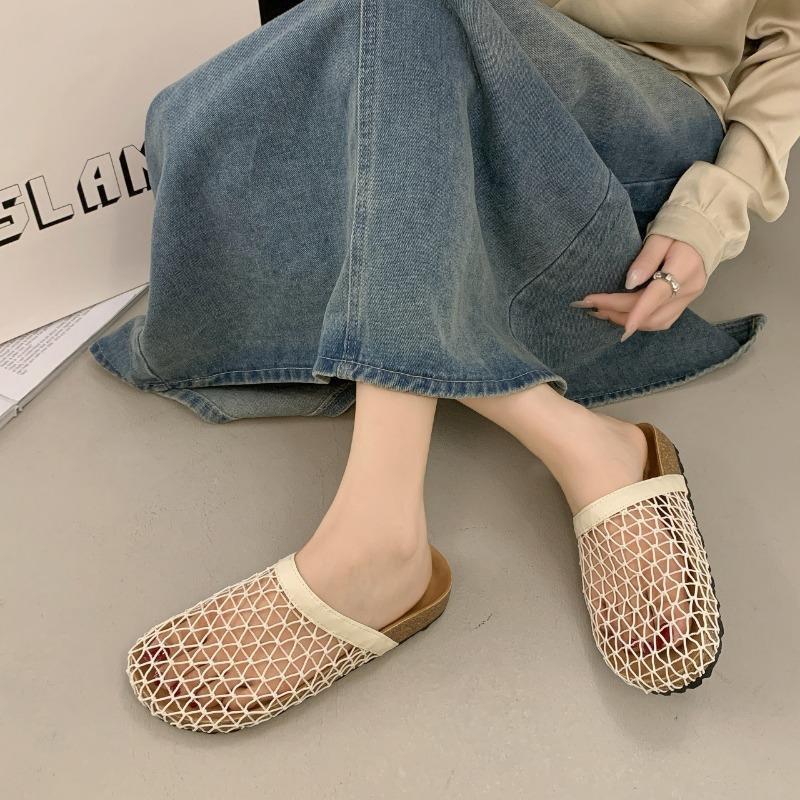 Hong Kong fishing net baotou half drag women summer new wear a pedal hollow thick bottom cool slippers women