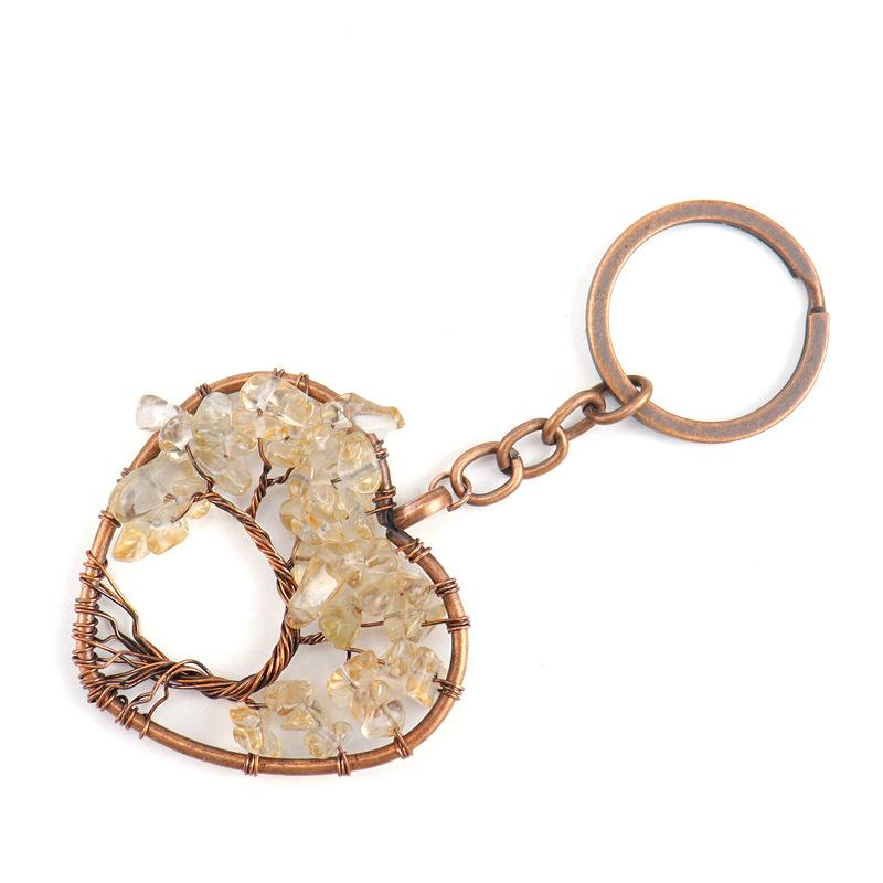 Vintage Natural Gravel Crystal Curved Heart-Shaped Tree Of Life Keychain Peach Heart Key Chain Bag Pendant K08