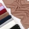 Pearl Edge Chiffon Hijab Scarf Women Muslim Long Shawl Soft Plain Head Wrap Beaded Border Lightweight Islamic Turban