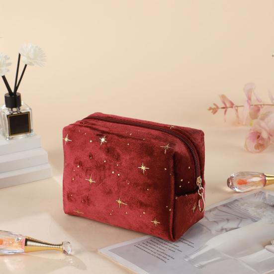 Cosmetic Bag Travel Toiletry Bag Spacious Capacity Velvet Exterior Star Pattern Lipstick Eye Shadow Portable Organizer