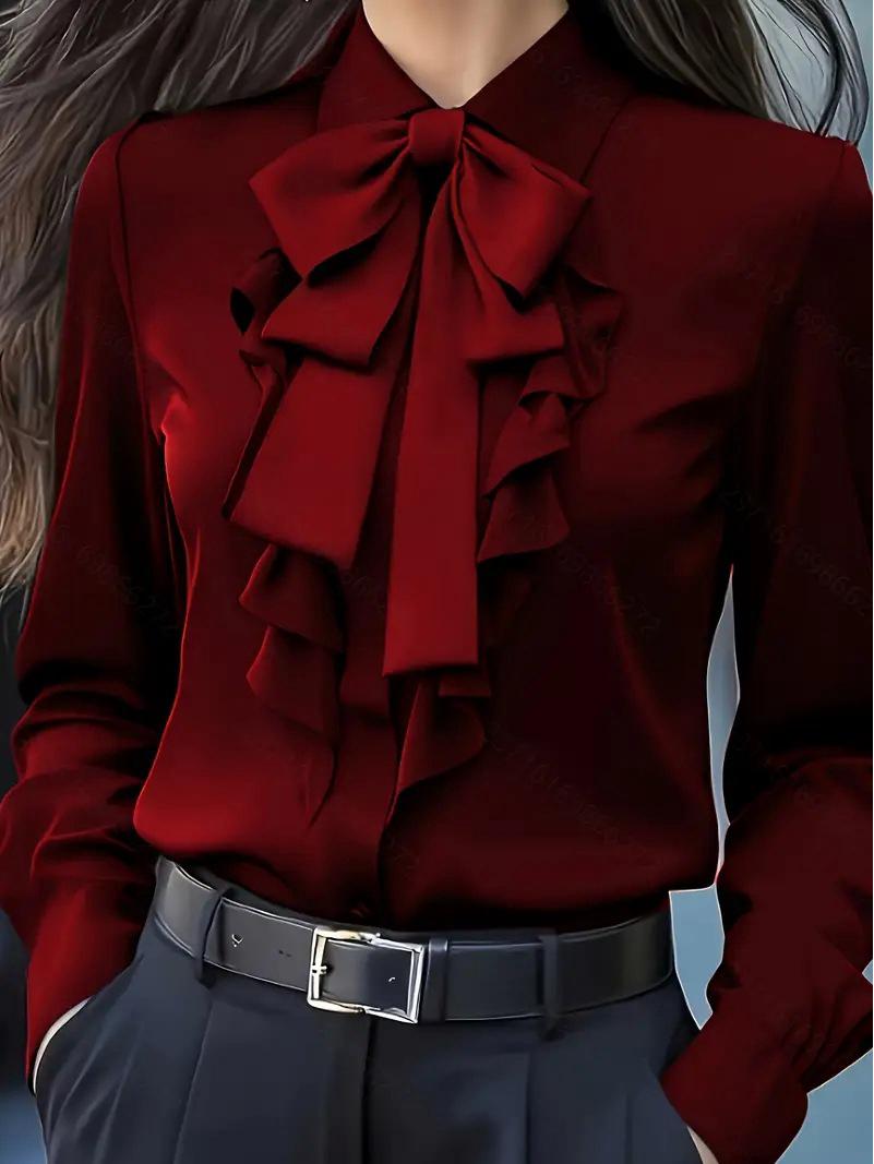 2025 Autumn/Winter Elegant Bow Tie Lace-up Long-sleeved Shirt XL вино красного