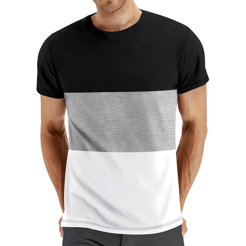 Men's  Large  Size Leisure  Contrasting  Colors Assembling  Round  Neck  Fitness  Exercise  Short  Sleeved  Shirt