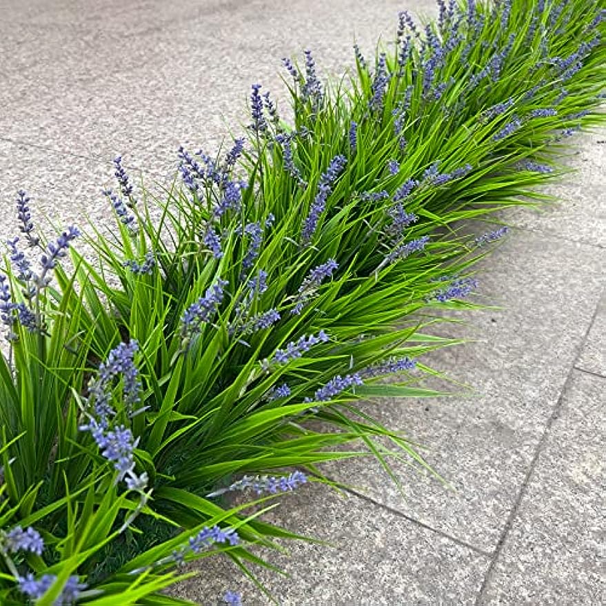 Künstliche Pflanzen im Freien, künstliches Affengras mit Blumen für Topfgarten-Veranda-Dekor (24 Bündel lila Blumen)