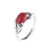 Adjustable Open Ring Women Men Vintage Bamboo Leaf Design Red Agate Jade Copper Statement