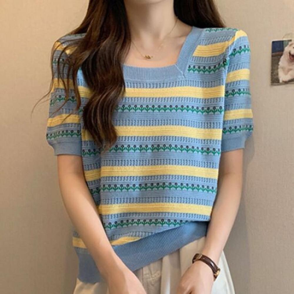 Navava Nk2039 Striped Flower Square Neck Short Sleeve Knit